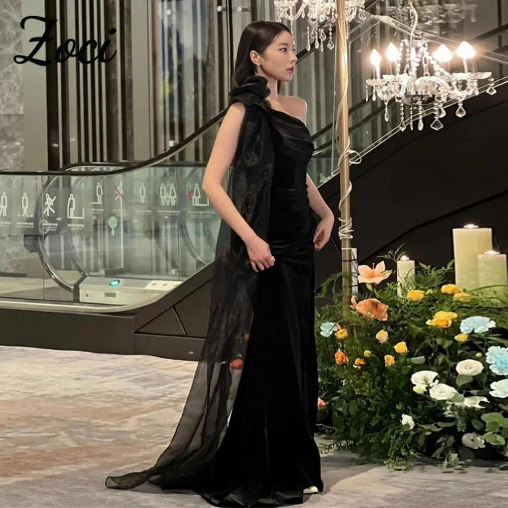 

Zoci Elegant Velvet Black Prom Dresses One Shoulder Women Formal Party Gown Customized Sexy High Side Split Women Celebrity Gown