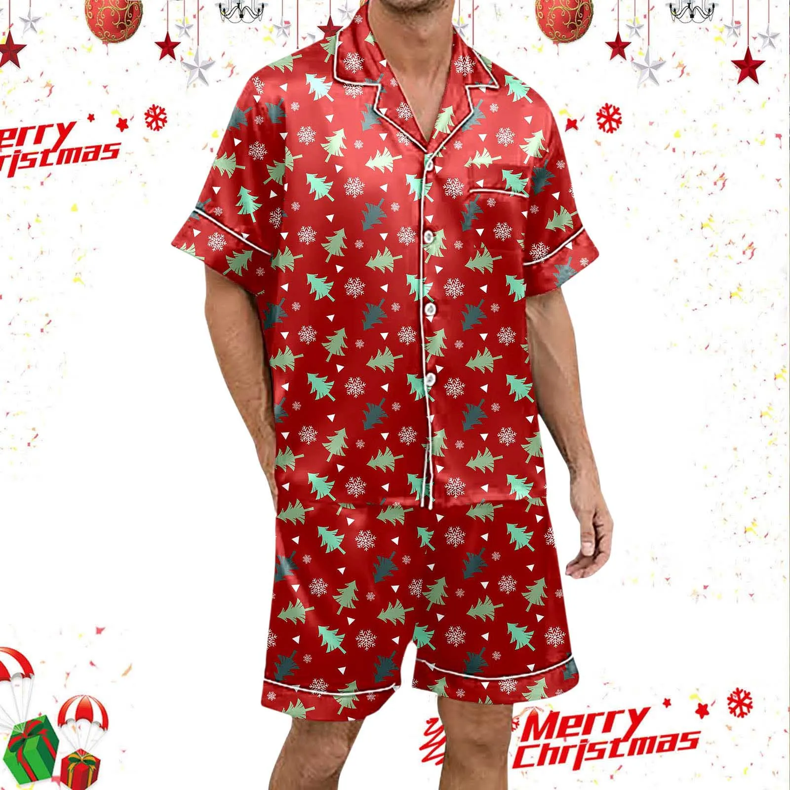 Men Christmas Tree Print Christmas Pajama Set Sleepwear Pyjama Button Down Top Shorts Nightgowns Ladies Xmas Silk Satin Linger