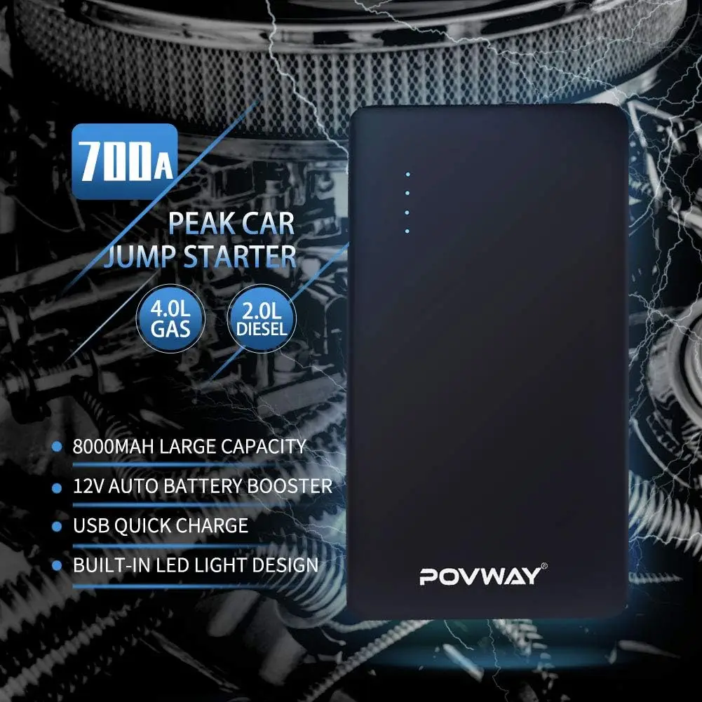 Arrancador de batería para coche, refuerzo de litio de 700A, 8000mAh, 12V, con carga USB y luz LED