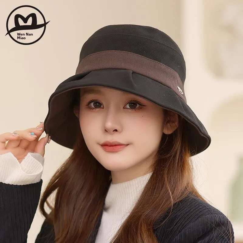 Autumn Winter New Style Women's Patchwork Fisherman Hat Wide Brim Face Covering Basin Hat Korean Fashion Elegant Hat