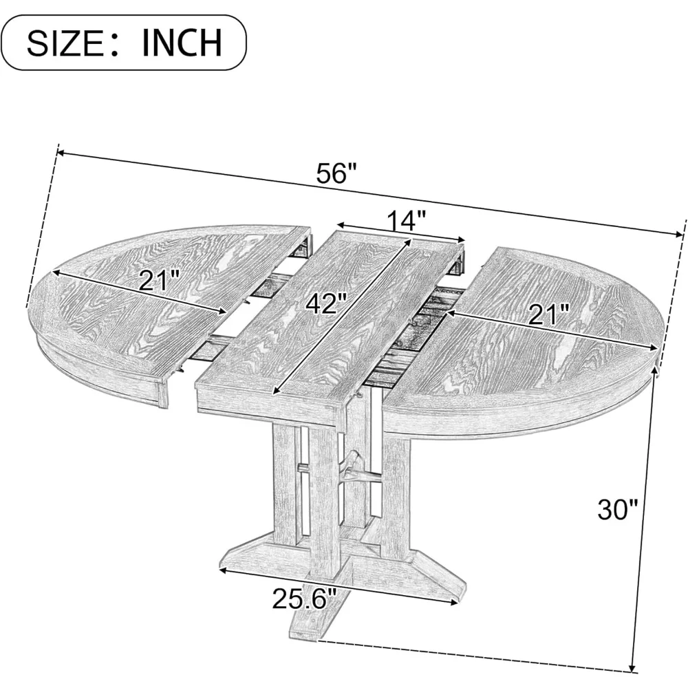 Round Wooden Dining Table, Farmhouse Round Expandable Dining Table with 14 Inch Kitchen Leaves