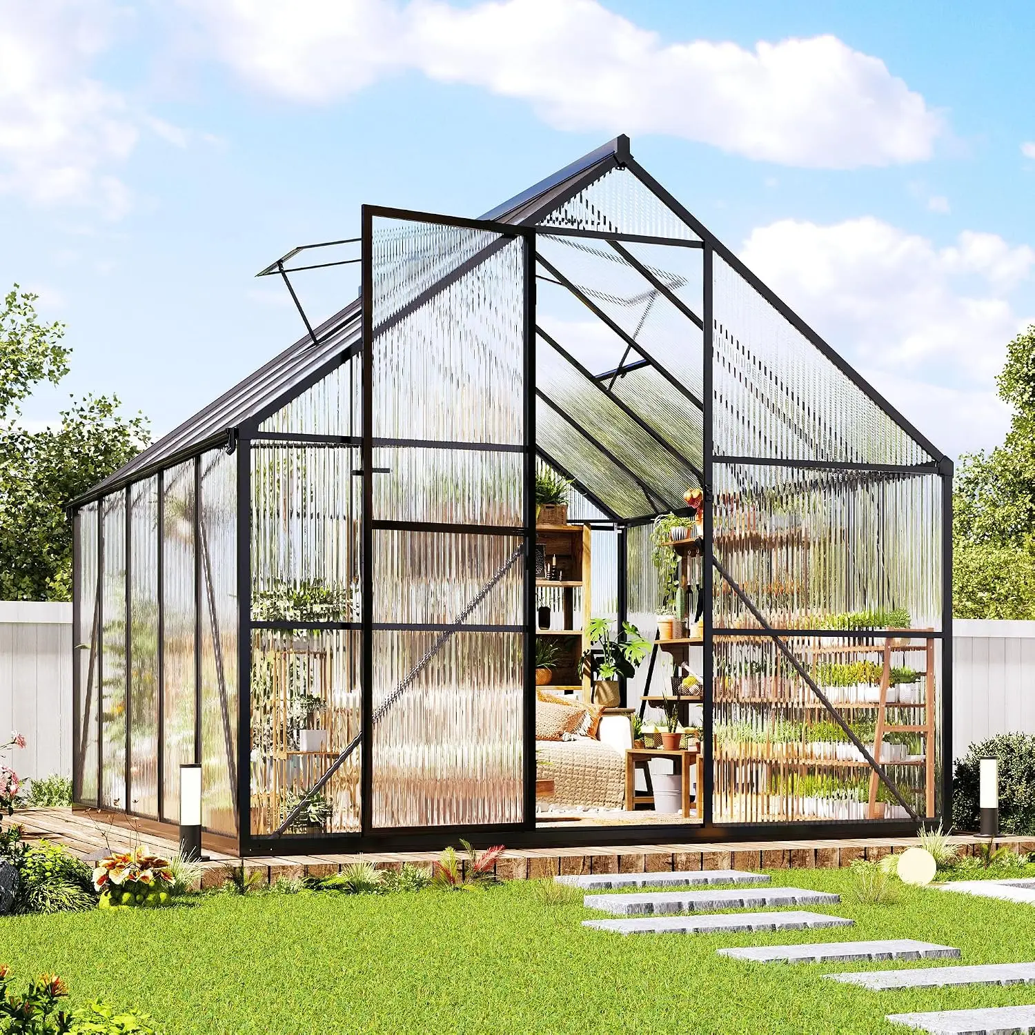8x10 FT Polycarbonate Greenhouse | Built for All Seasons: Aluminum frame with 2 ventilation windows and swing doors, Customized