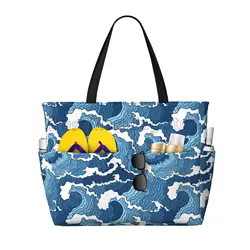 Sea Wave Beach Tote Bags for Women Waterproof Sandproof Large Pool Bag Stylish Zipper Beach Tote for Gym Travel Shopping School