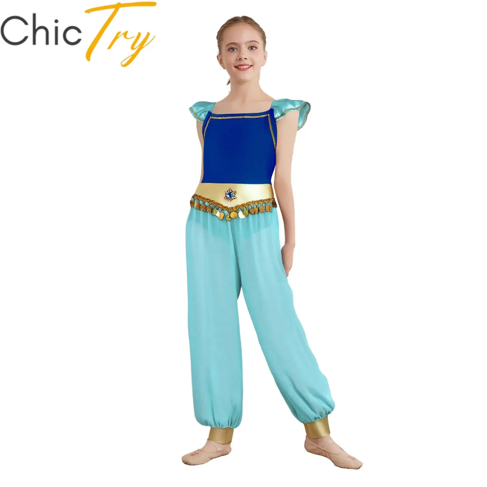 

Kids Girls Arabian Princess Cosplay Costume Flying Sleeve Sequins Tassels Jumpsuit for Halloween Carnival Themed Party Dress Up
