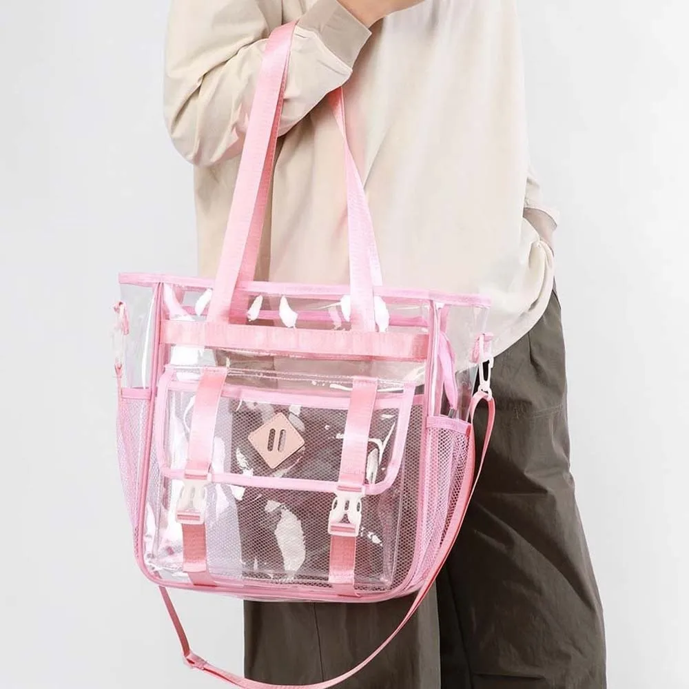 Candy Color Transparent Beach Handbag Large Capacity Multi-pockets Crossbody Jelly Bag Swimming Tote PU Leather