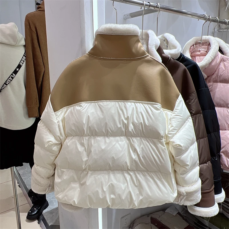 European style collar wool lamb splicing design sense down jacket winter 2024 Korean plush thicke Puffer jacket