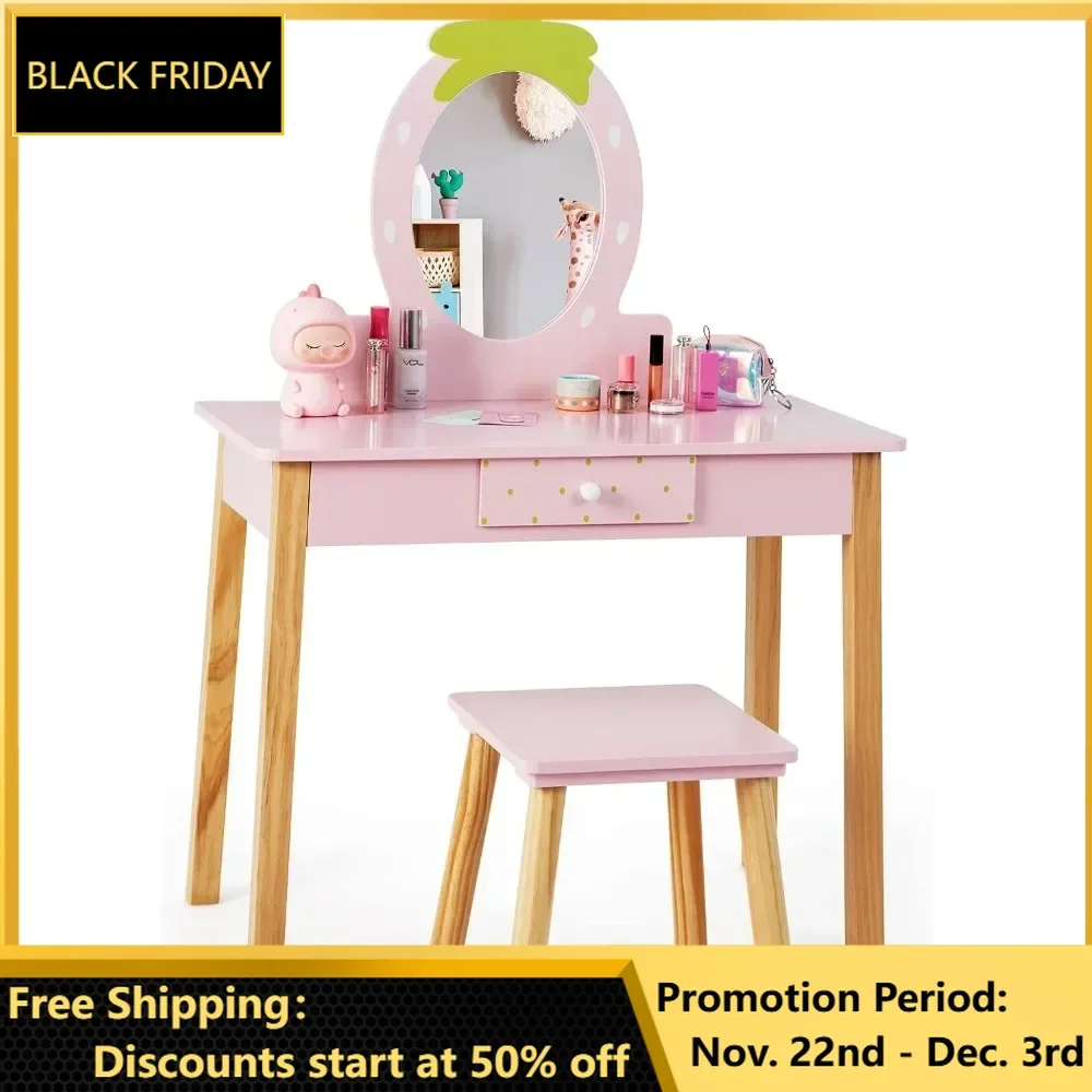 Kids Vanity, Strawberry Themed Princess Makeup Vanity Set for Little Girls, Toddler Bedroom Dressing Table & Stool, Vanity Set