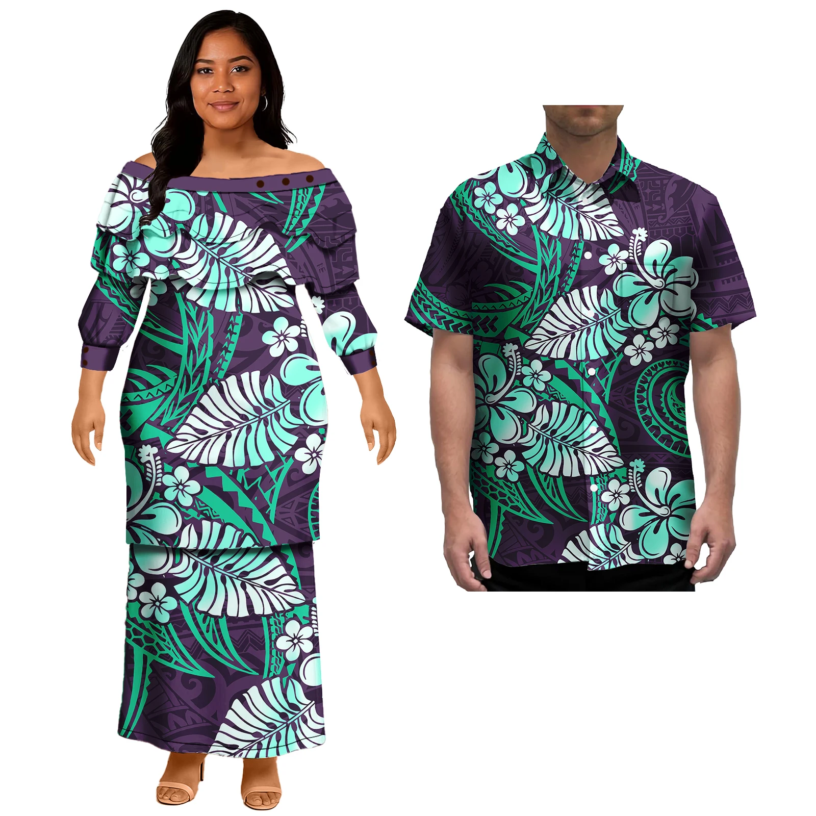 คนรักคู่คู่เสื้อผ้าชุดสักเผ่าของเขาและเธอเสื้อผ้า Polynesian ผู้หญิง Puletasi ชุดและชายเสื้อ