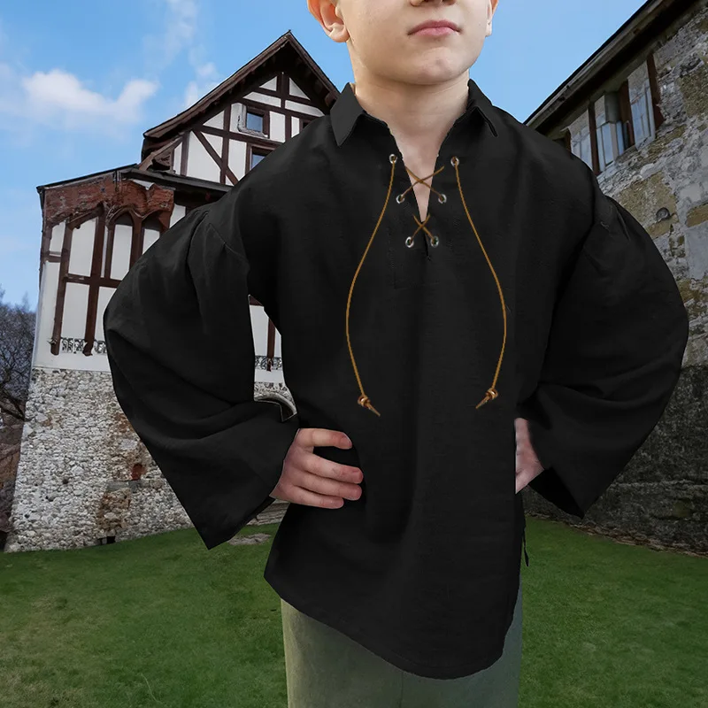 Camisa renascentista medieval para crianças, tops clássicos para meninos, jaqueta escocesa, fantasia de Halloween, camisas com renda