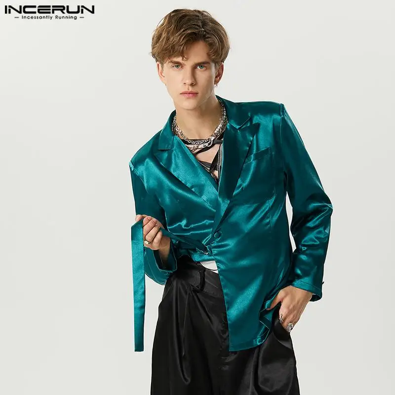 

INCERUN Men Blazer Shiny Solid Color Lapel Long Sleeve Satin Casual Irregular Suits Men Streetwear 2023 Fashion Thin Coats S-5XL