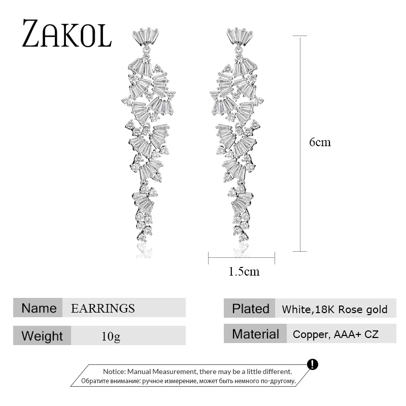 ZAKOL Luxury Gorgeous AAA Zirconia Crystal Sector Long Dangle Drop Earrings for Women Bridal Wedding Jewelry Gift