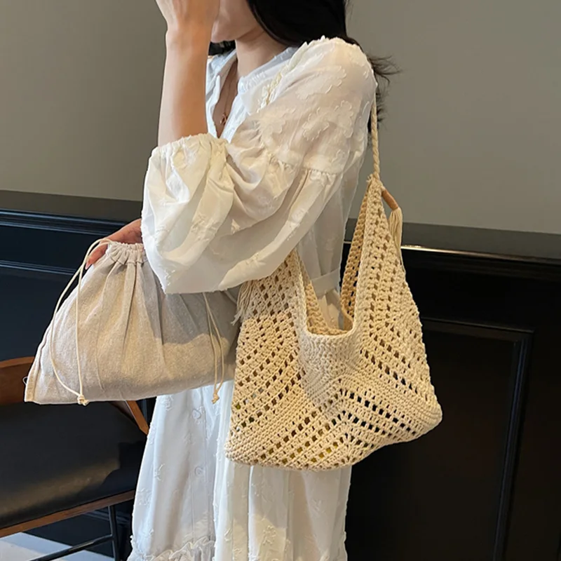 

Женская пляжная сумка для отдыха, летняя, большая вместимость, с кисточками, на шнурке, модная, ажурная, плетеная, на одно плечо