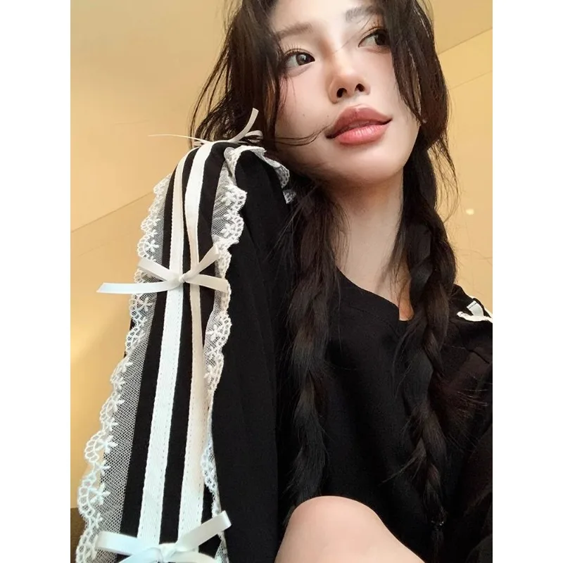 Women's clothing Bow tie Black Long sleeves Loose fit T-shirt Summer Lace Patchwork Mid-length Round neck Versatile sweatshirt