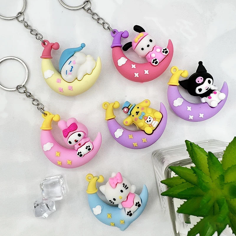 Sanrio gantungan kunci kartun duduk bulan Kawaii HelloKitty gantungan kunci pria bagus liontin melodi Kuromi gantungan kunci liontin hadiah ulang tahun lucu