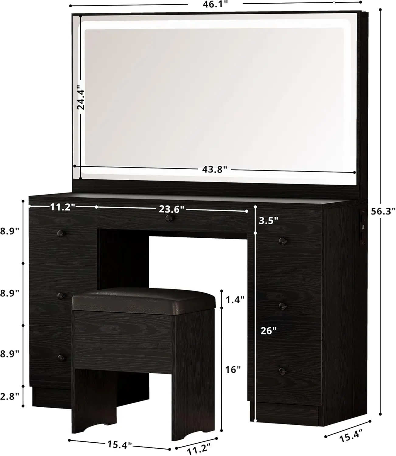 NEW Vanity Makeup Desk Set with LED Lighted Mirror & Power Outlet, 7 Drawers Bedroom Vanities Table with Stool,Black USA