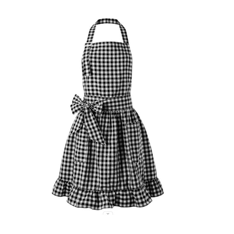 Baking Apron with 2 Front Pocket, Check Pattern, Adjustable Neck Strap and Ruffle Lower for Household Cooking Daily KXRE