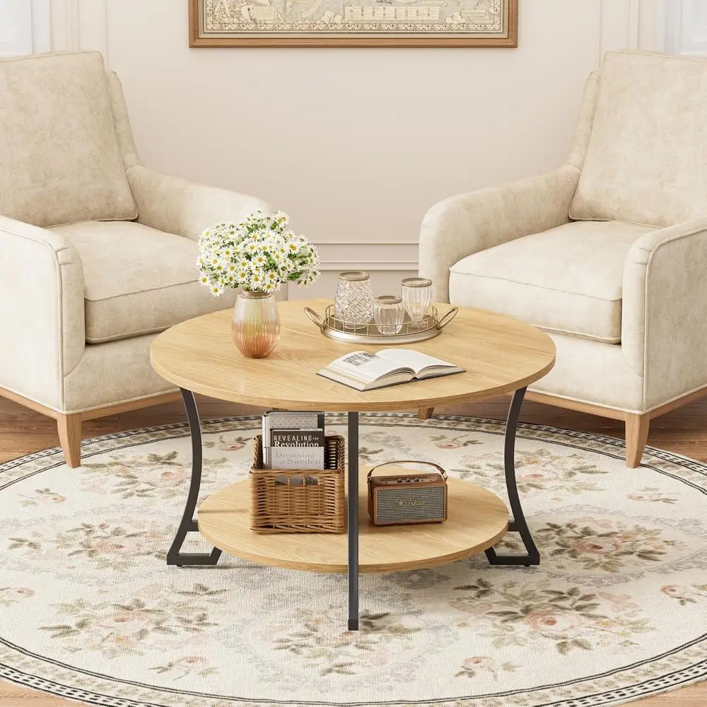 طاولة قهوة مستديرة لغرفة المعيشة 31.5 صديقة للتخزين، خشب، سهلة التجميع، طبيعية، قطر 31.5 × ارتفاع 17.7