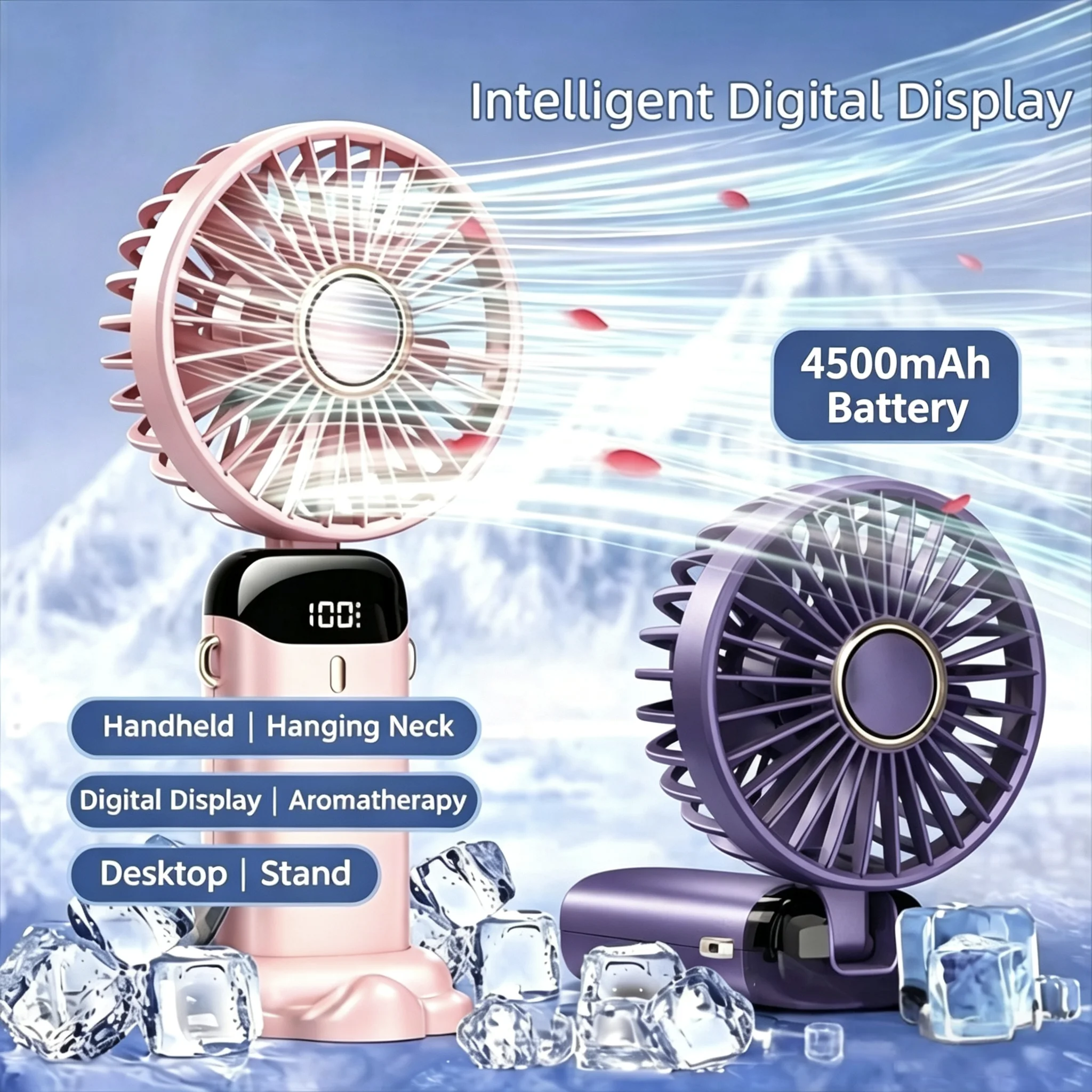 4500mAh Portable Handheld Mini Fan Foldable Neck Hanging Fans 5 Speed USB Rechargeable Fan with Phone Stand and Digital Display