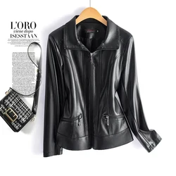 M-6XL Fashion Black Split Sheepskin Jackets Women Long Sleeve Lapel Collar Zipper Coats Chic Ladies Slim Split Leather Jackets