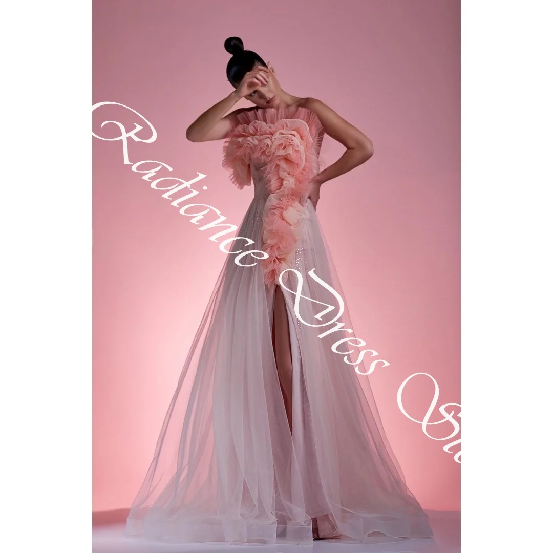 فساتين سهرة مخصصة رشيقة من التل على شكل حرف a مكشكشة ومطرزة صدفي بدون أكمام ذيل لوحة وسحاب خلفي للحفلات الراقصة #4