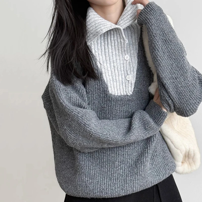 HKSH 2025 خريف شتاء جديد المرأة سترة الوقوف طوق زرر التباين اللون موضة أنيقة Ins عادية محبوك القمم HK15695 #5