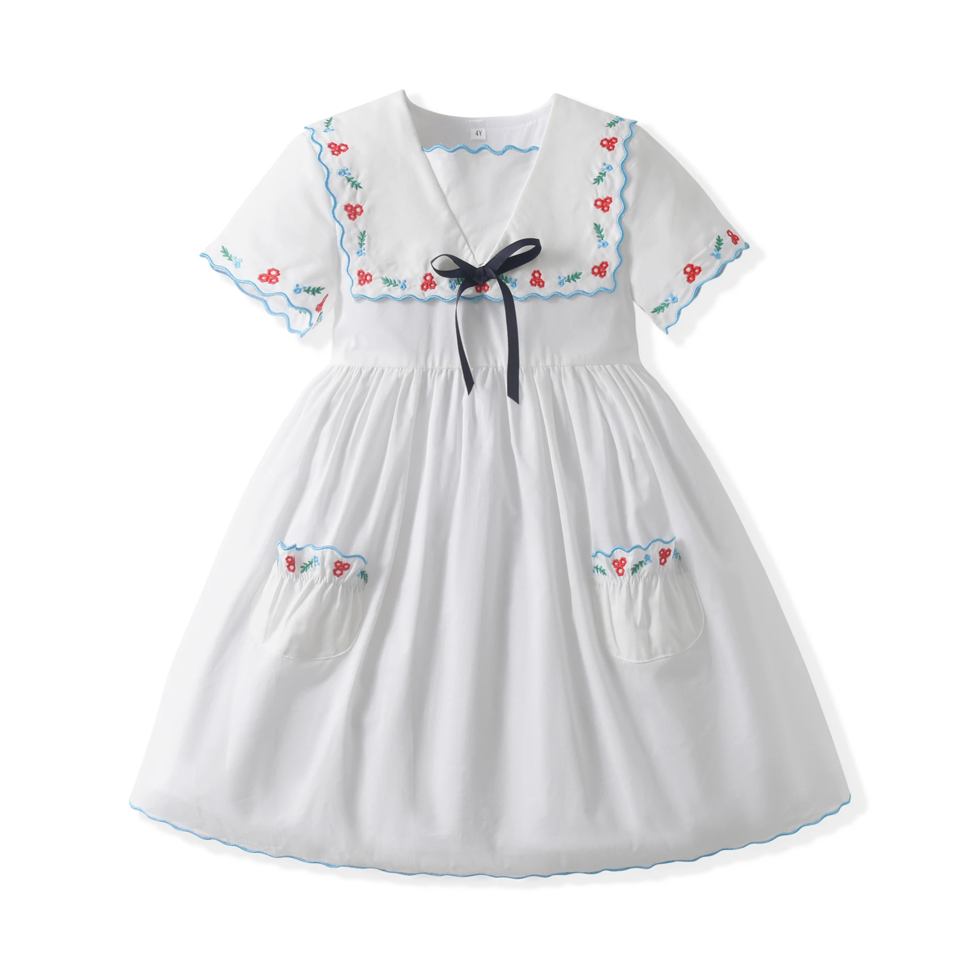 

Baby Kids Girls Summer Short Sleeves Dress Boutique Flower Embroidered Mariner Collar Children Birthday Party Dresses with Bow