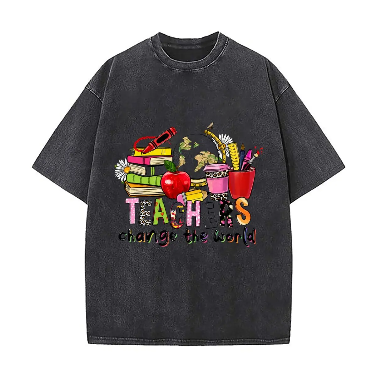 Teachers Change The World School Books Globe Apple Washed Distressed Loose Streetwear Tops for City Walks
