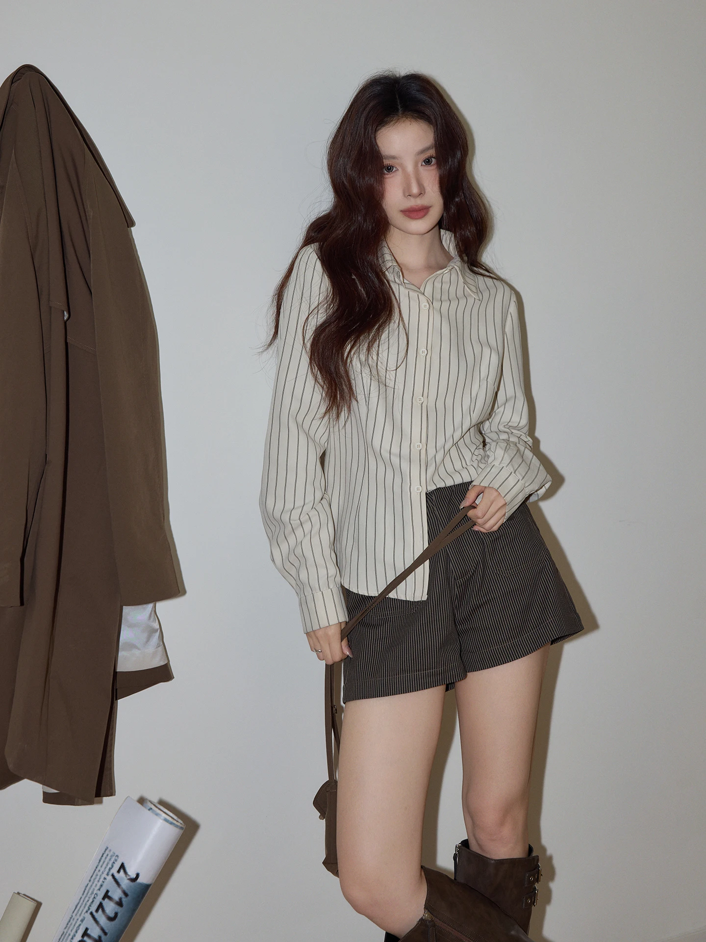 

Chaocha Home Women's Slim Fit Long Sve Ne Striped irt Spring 2026 Commute Sle Korean Version Polyester Fiber