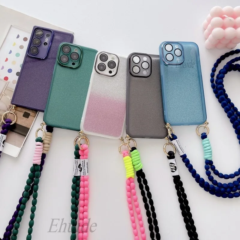 Plush Lanyard Case For Xiaomi Redmi Note 13 Pro Plus 12 11 12S 12C 13C Mi 14 Glitter Paper Soft TPU Crossbody Cord Strap Cover