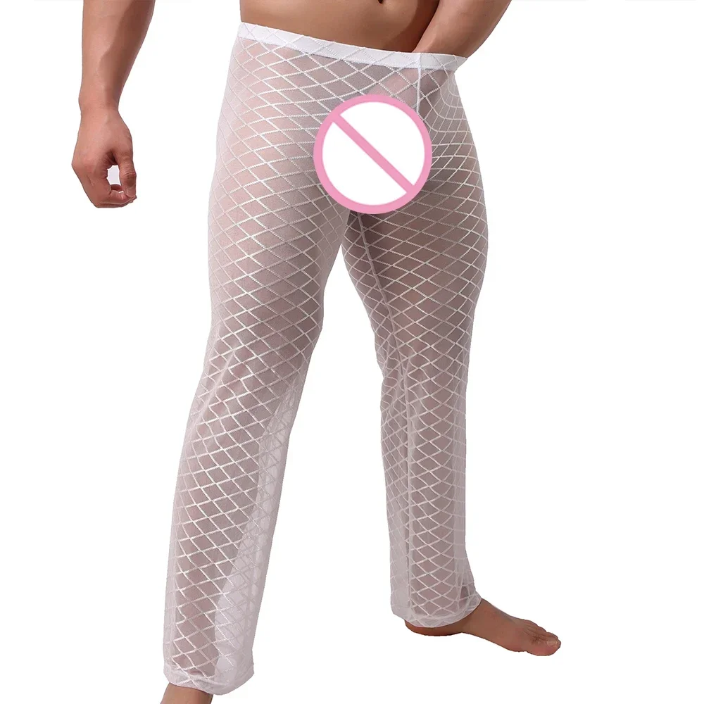 Casual Transparent Pants Men Sexy Lounge Loose-Fitting Pajamas Trousers See Through Sleep Bottoms Homewear Breathable Long Johns