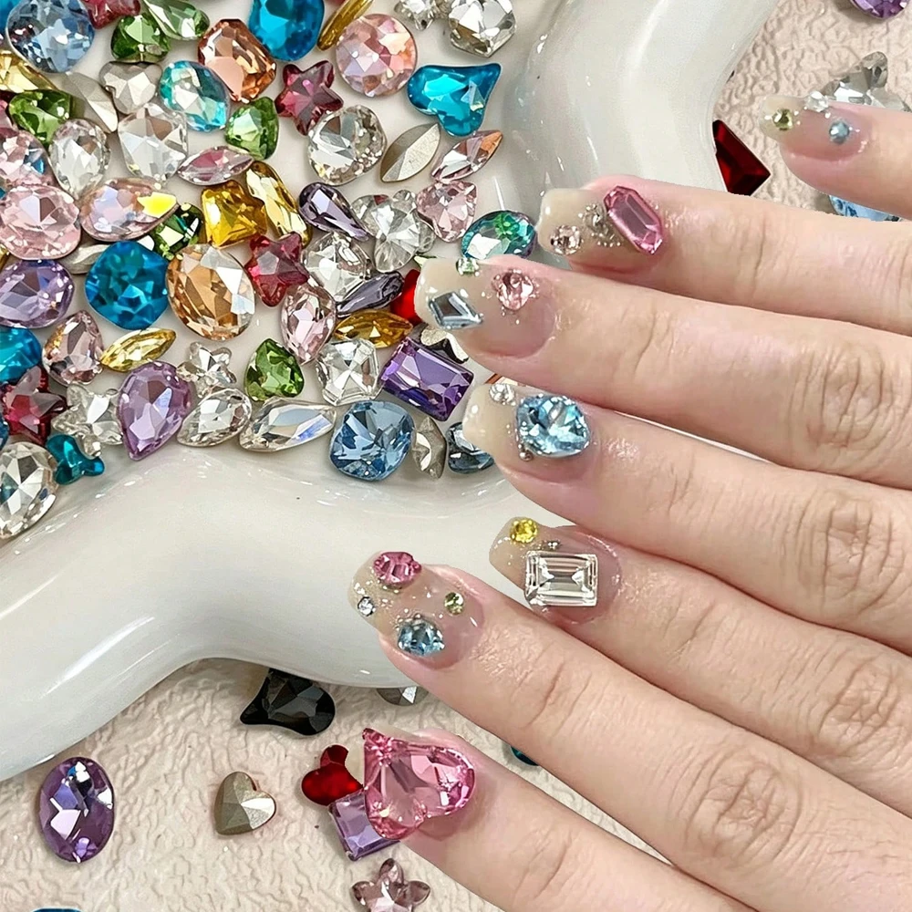 50 Mixed Color Candy Colored Nail Rhinestones 3D Shiny K9 Pointed Irregular Star Heart-shaped Square Droplet Nail Gemstone Decor
