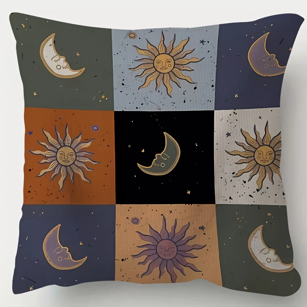 Boho Sonnen- und Mond-Design Kissenbezug, doppelseitig, himmlischer Dekokissenbezug, traditionelle Heimdekoration für Sofa