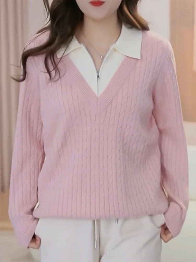 

Retro High-End Knitted Sweater Soft Pink Sweet Large Size Women's Top Comfortable Korean Sle V-Ne Long Sve Woolen Card...