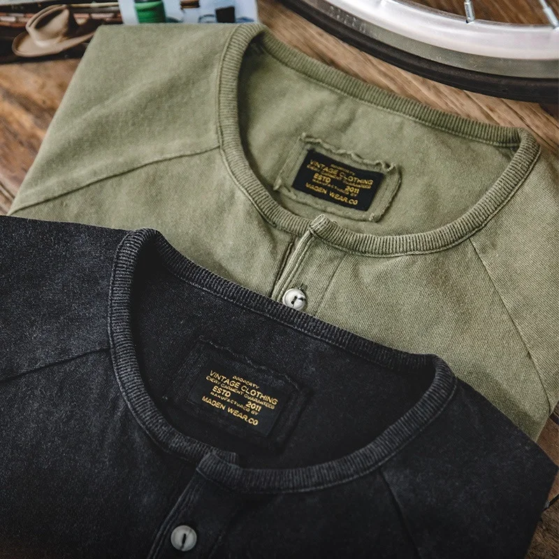 Maden Workwear Japanese Sle Vintage Rusted Henry Collar Slim Fit ort Sve Button Cotton T-irt Men Summer Breathable