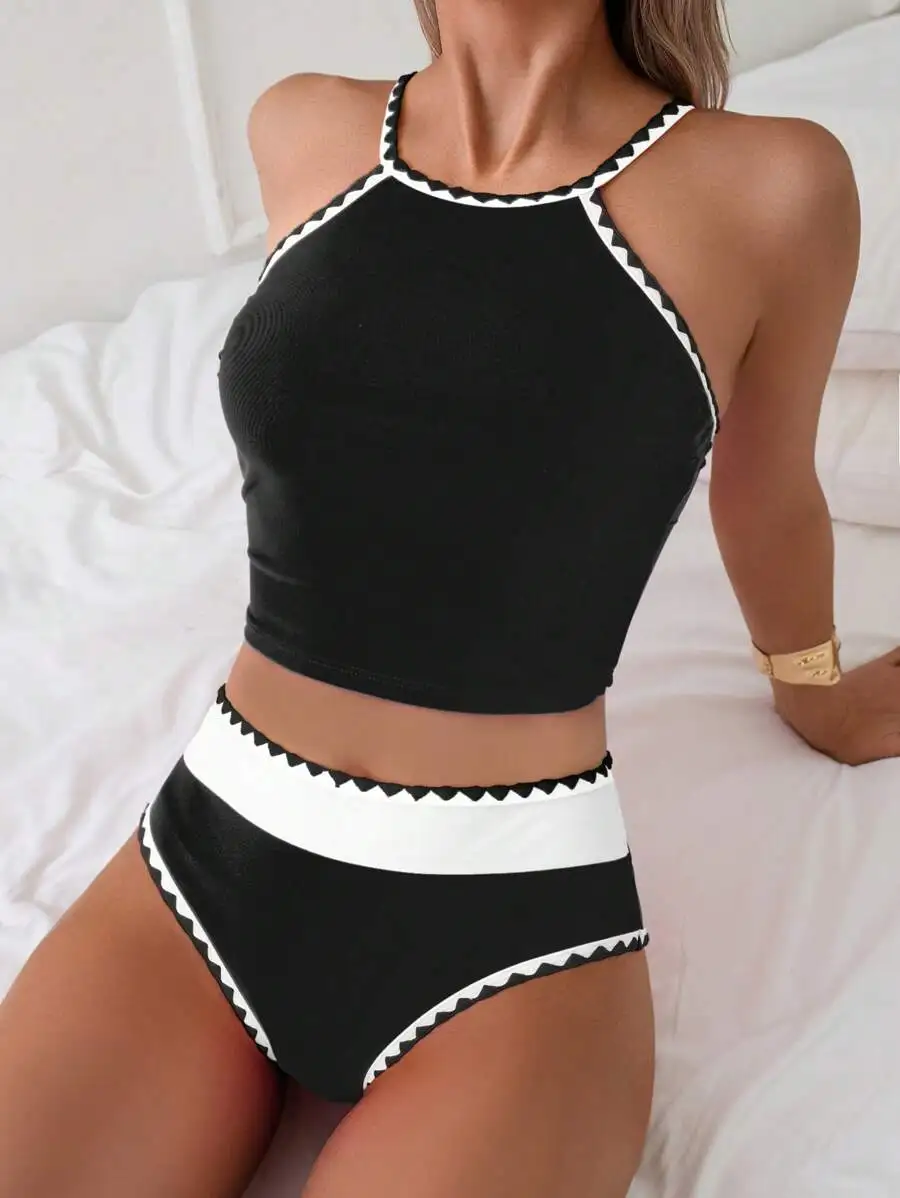 

Womens Black And White Splice Halter Bikini Set With Zigzag Trim For Beach Summer Vacation