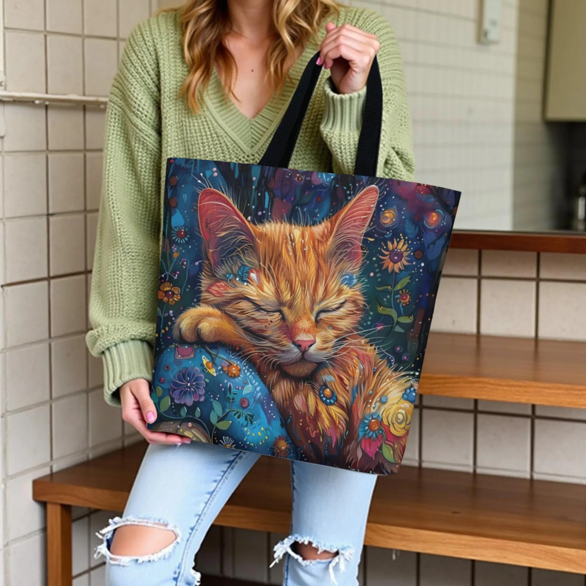 

Korean Fantasy Cat Trend Canvas Tote Bag Floral Orange Cat Print Shoulder Bag for Women Magical Aesthetic Daily Street Commute
