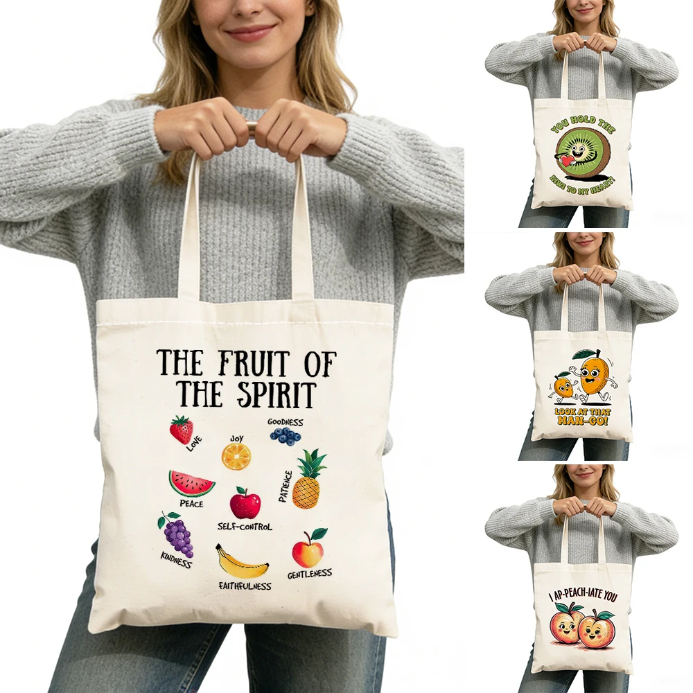 

Cute Cartoon Women Shopper Satchel Large Capacity Playful Fruit Theme Lady Daily Use Tote Bag Funny Fruit Art Girl Shopping Bags