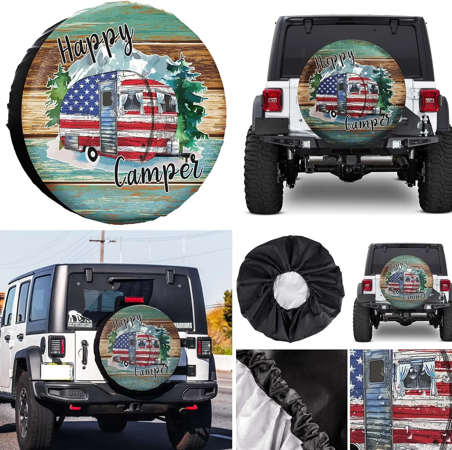 غطاء إطار احتياطي من Happy Camper مقاوم للغبار لسيارة جيب مقطورة RV SUV شاحنة تخييم ملحقات مقطورة السفر مقاس 15 بوصة