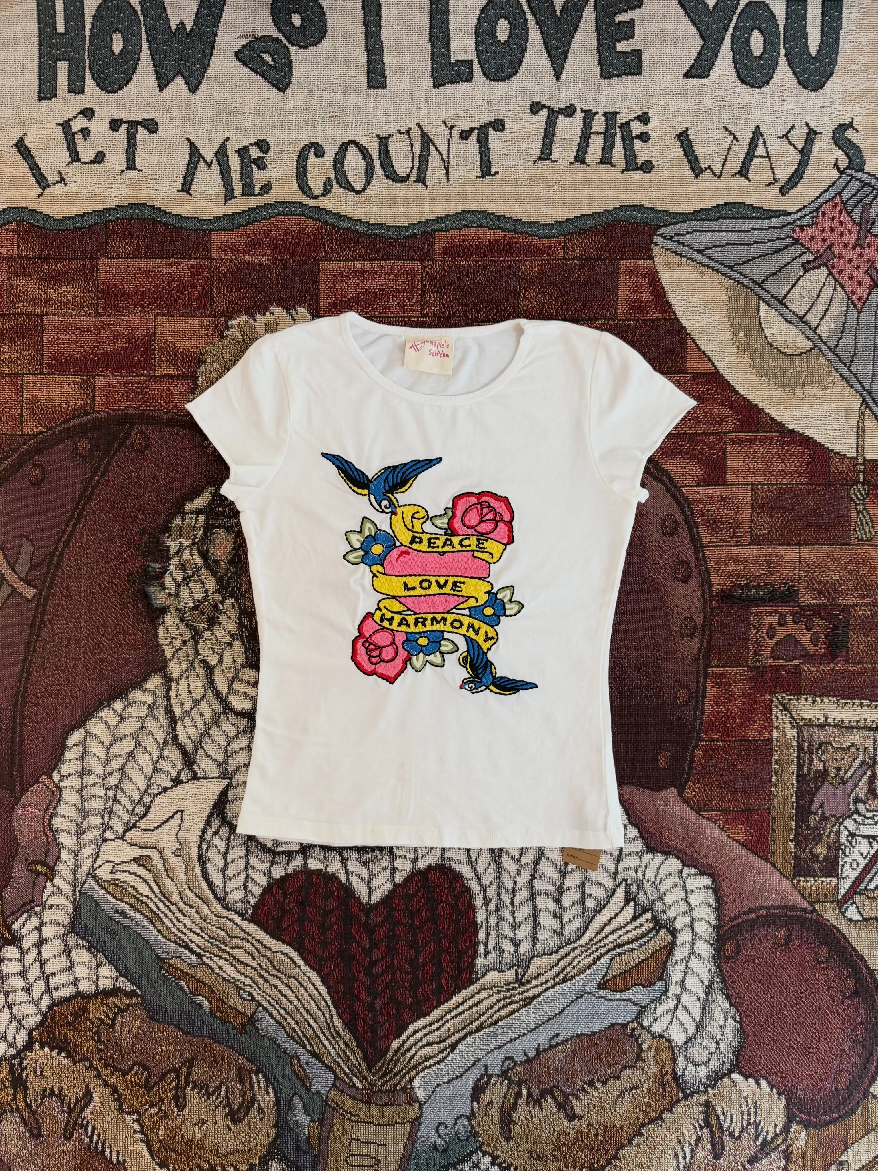 American Vintage Swallow Rose Embroidery Short Sleeve T-shirt Women White Slim Crew Neck Baby Tee