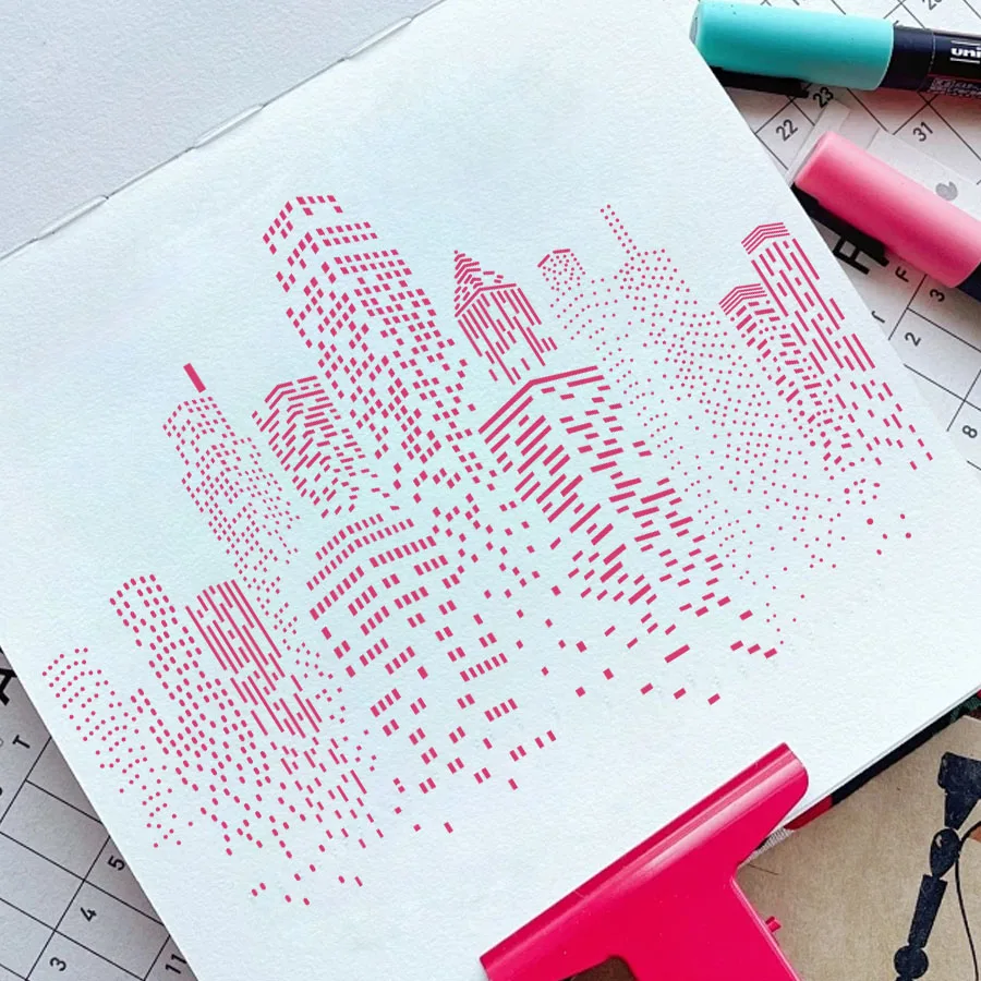 12*12 인치 도시 건물 해골 그림 템플릿, DIY 핸드북 낙서 장식 금형