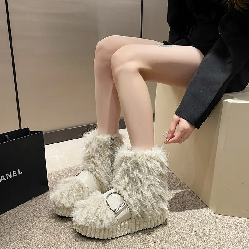 Shoes  Boots Women New 2024 Flat Heel Australia Round Toe Plush Winter Footwear  Snow Rubber Med Fur Mid Calf Lolita with fur Sl