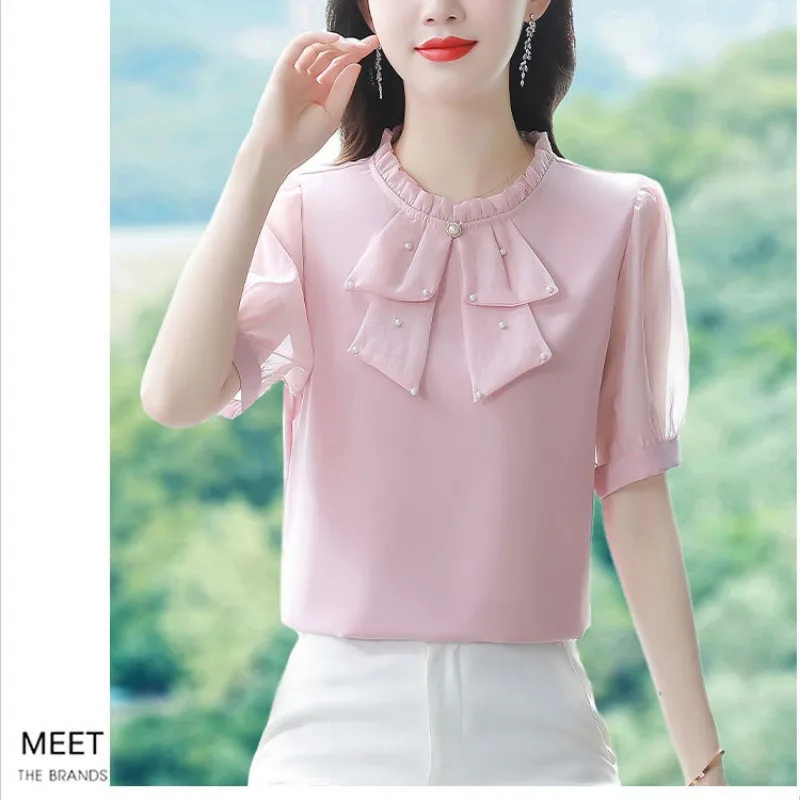 Women Summer Fashion Office Lady Loose Diamonds Solid Color O-neck Short Sleeve Shirts Ladies Casual All-match Appear Thin Tops