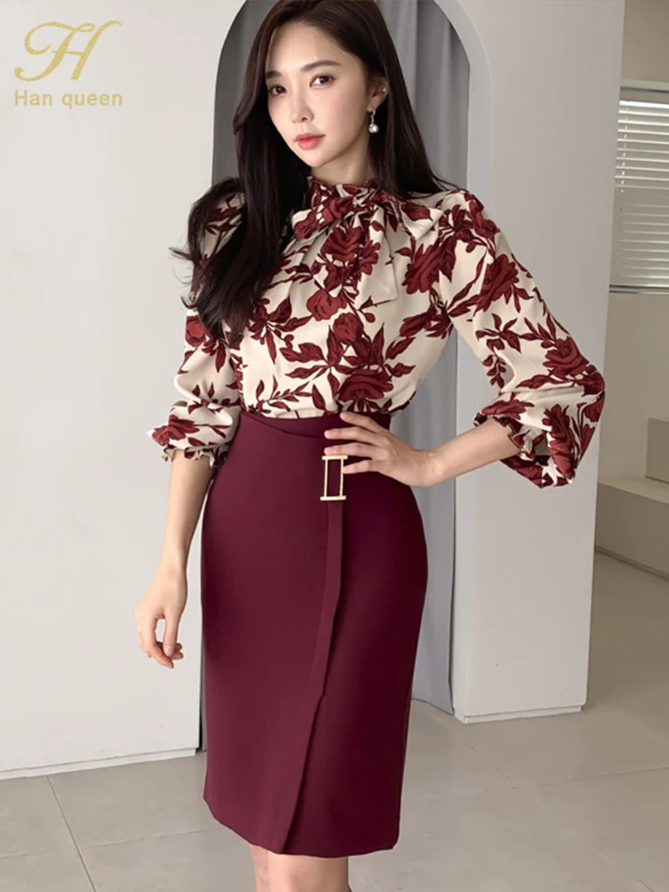 H Han Queen Women Spring Sexy Print Fashion Casual OL Work Wear 2 Pieces Set Sheath Pencil Bodycon Suit skirt