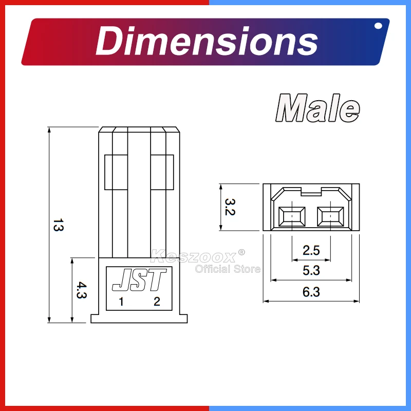 Tcenofoxy JST 2Pin Red Extension Wire Connector Housing with 22AWG Wire【Support Customized】