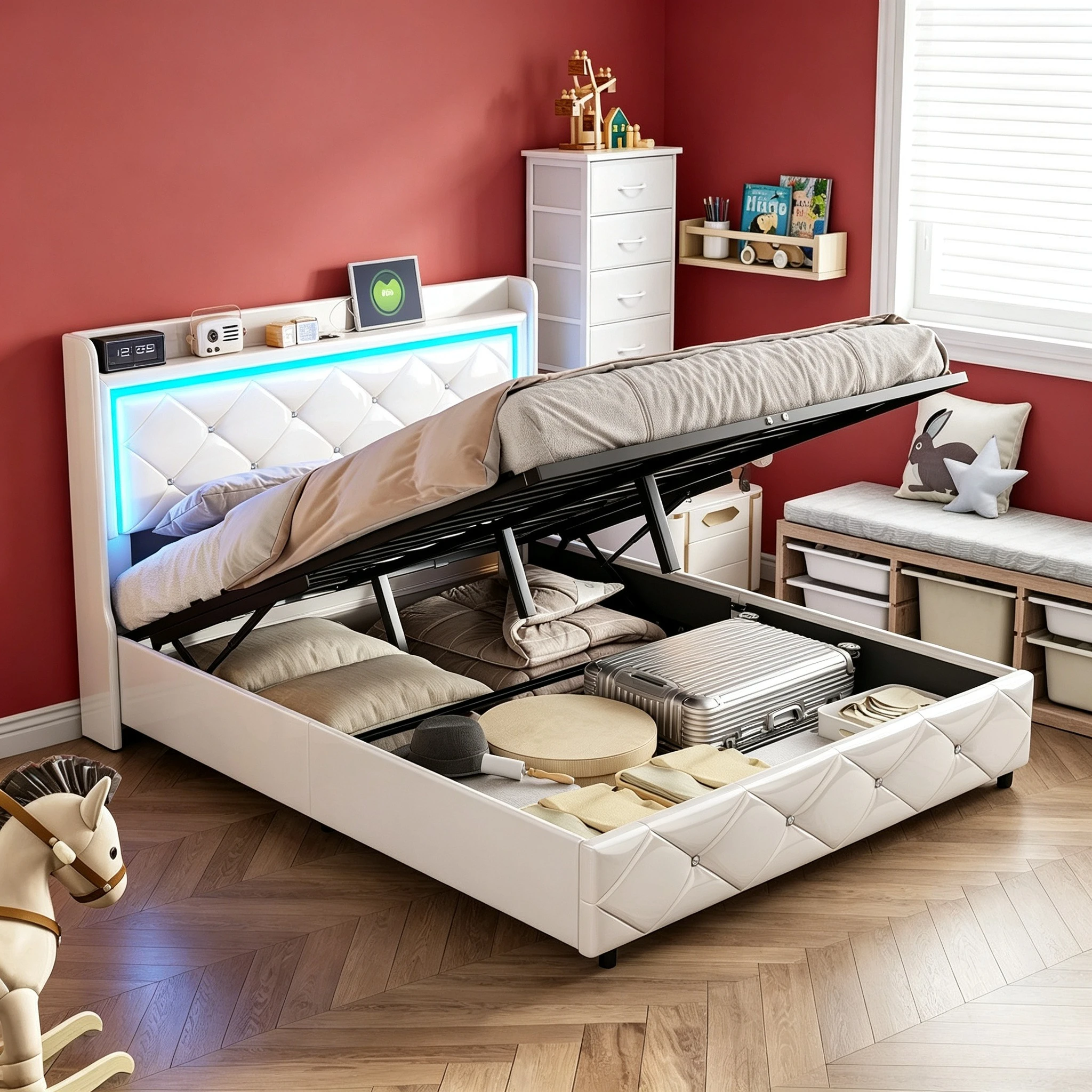 Letto matrimoniale Rosahqnda 140x200 cm con contenitore, letto per adulti con design a bottoni, struttura imbottita, in PU, bianco, senza materasso.