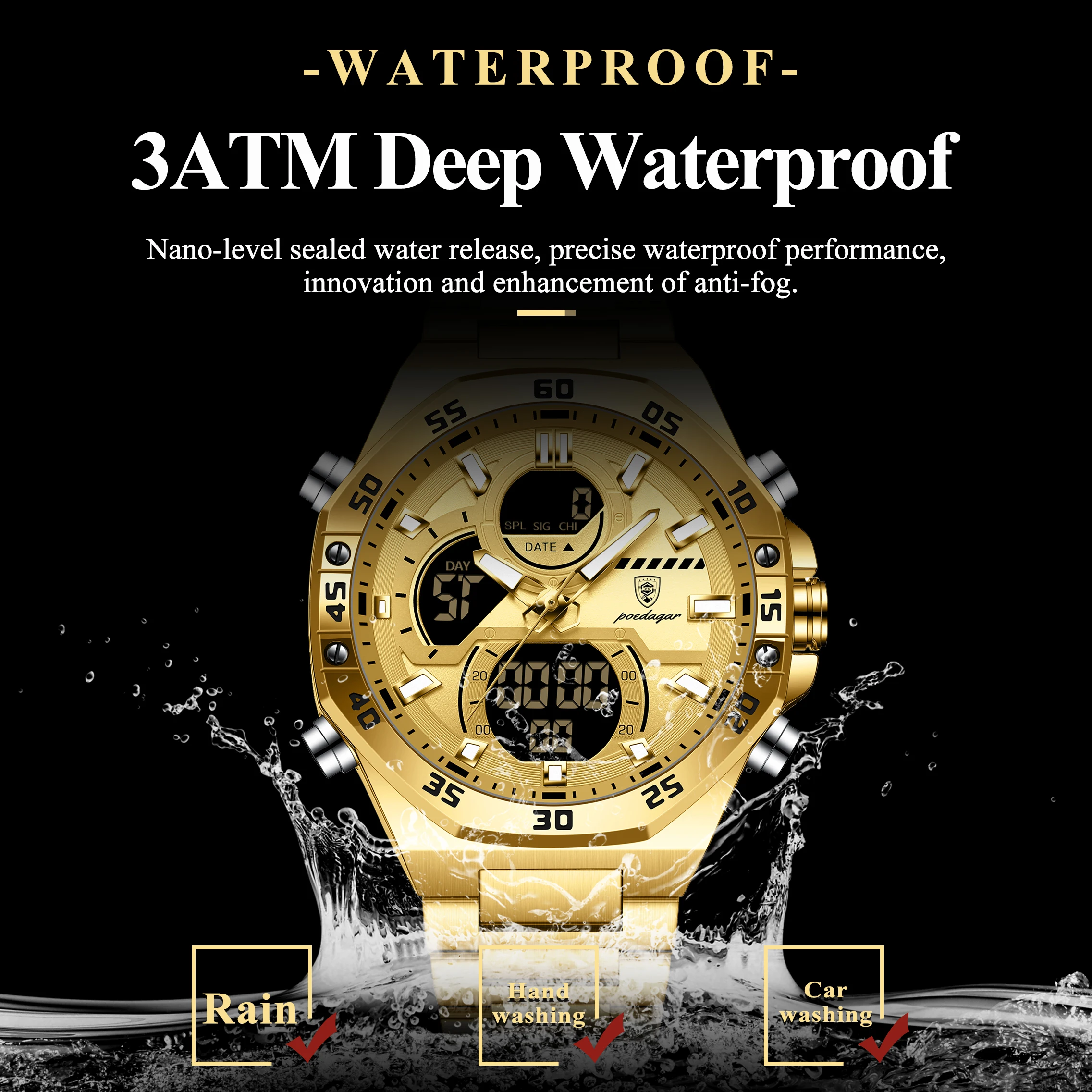 POEDAGAR Top Quartz Men Clock LED Luminous Waterproof Week Date Man Watch Stainless Steel Fashion Military Digital Men's Watches