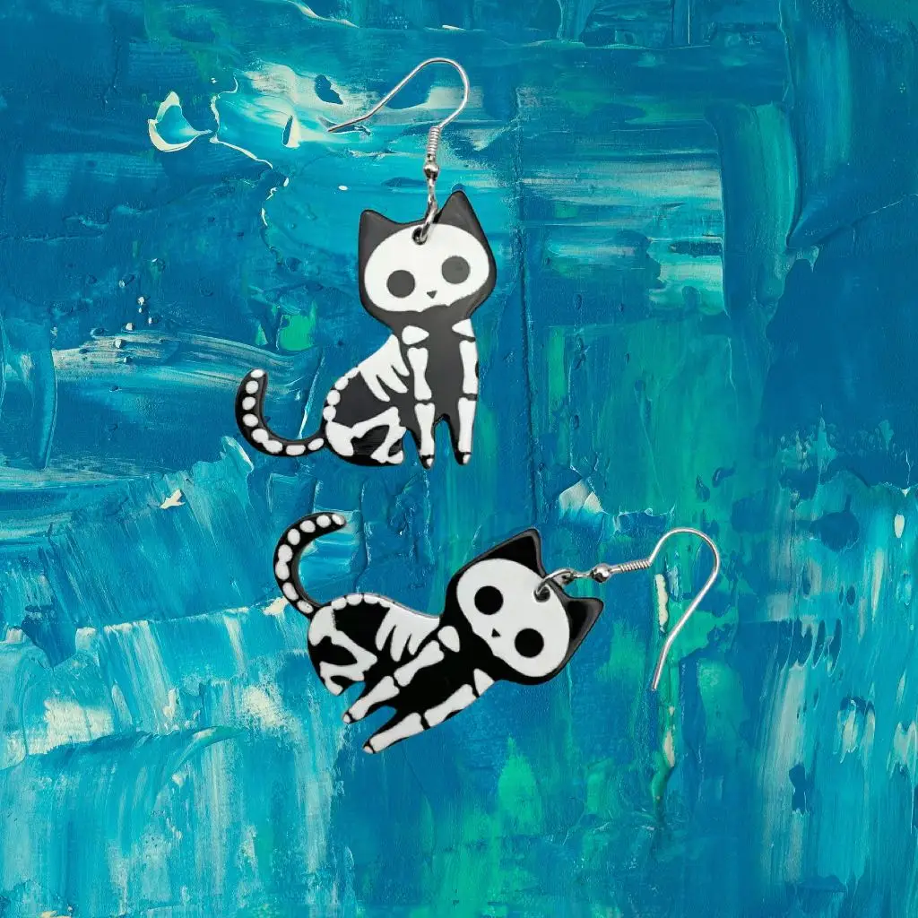 1pair Halloween Skeleton Cat Design Dangle Earrings Cartoon Cute Style Acrylic Jewelry Ghost Festival Earrings