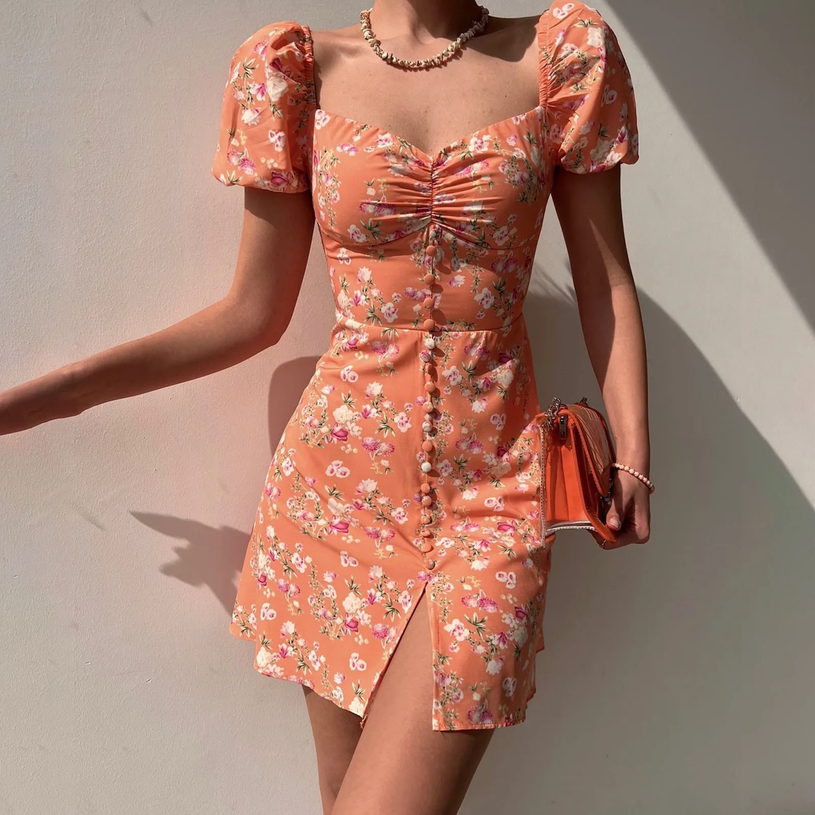 

Women's V Neck Fashionable dress Bubble Sleeve Floral Shorts Dress 2024 holiday sexy elegant mini skirt sundress vestidos