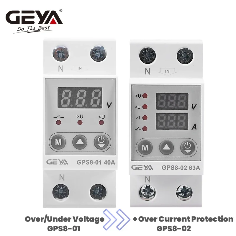 GEYA GPS8 Din Rail Over Current Protector Over Voltage Under voltage Protective Device 40A 63A 80A 220VAC