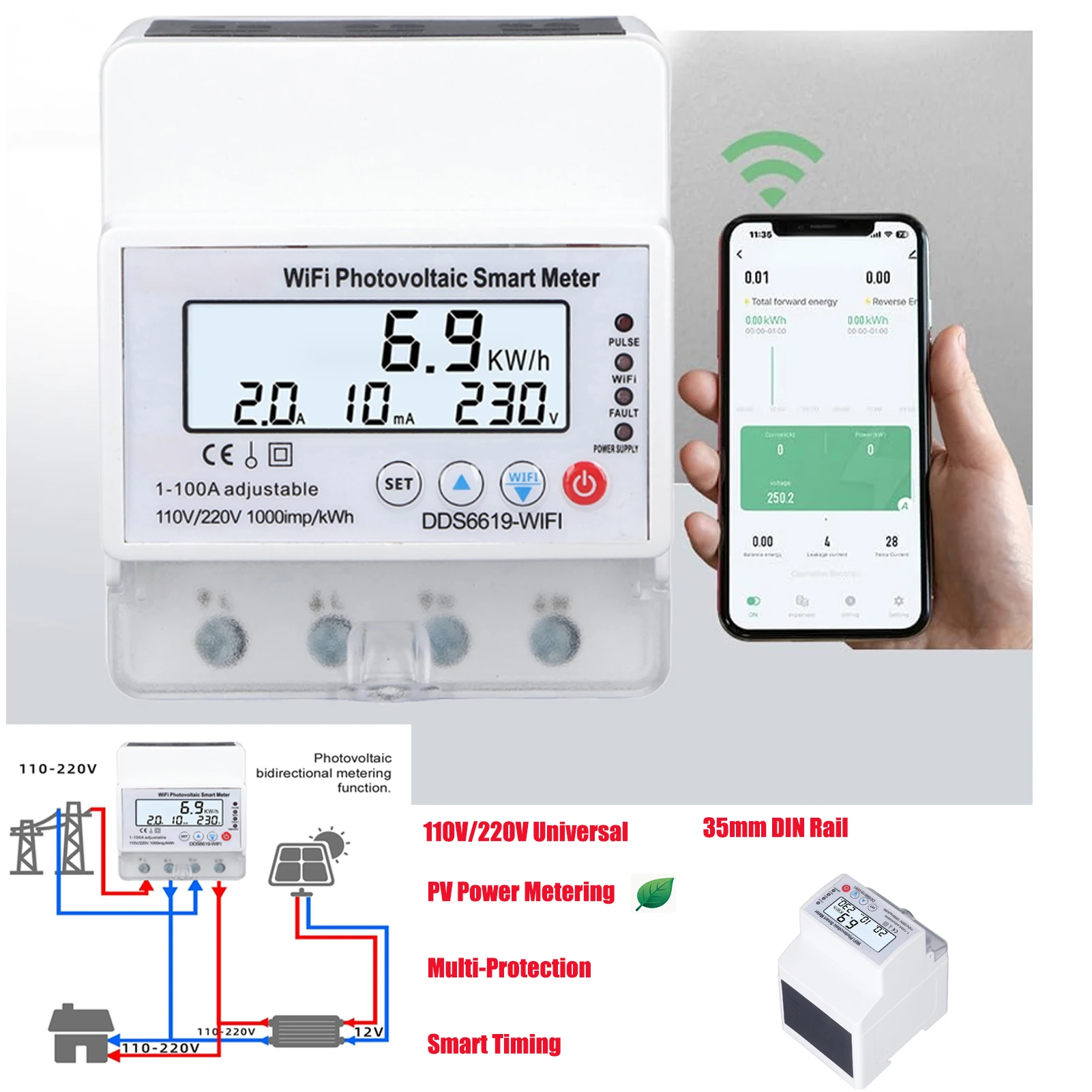 WiFi Photovoltaic Smart Meter 1PH WiFi Smart Energy Monitor Solar Bidirectional 4P 110V 220V Voice Control Adjustable for Home